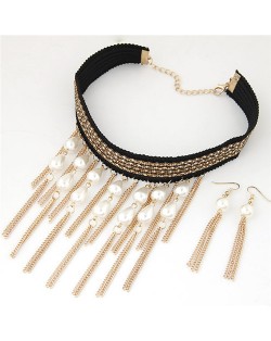 Pearl and Tassel Fashion Alloy Beads Chain Attached Rope Necklace and Earrings Set - Golden
