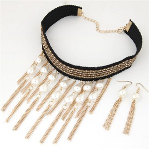 Pearl and Tassel Fashion Alloy Beads Chain Attached Rope Necklace and Earrings Set - Golden