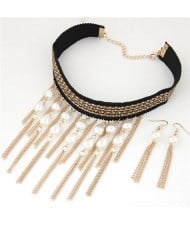 Pearl and Tassel Fashion Alloy Beads Chain Attached Rope Necklace and Earrings Set - Golden