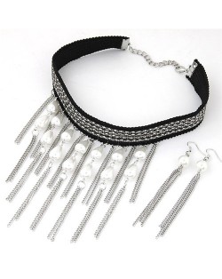 Pearl and Tassel Fashion Alloy Beads Chain Attached Rope Necklace and Earrings Set - Silver