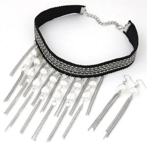 Pearl and Tassel Fashion Alloy Beads Chain Attached Rope Necklace and Earrings Set - Silver