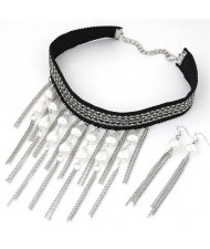 Pearl and Tassel Fashion Alloy Beads Chain Attached Rope Necklace and Earrings Set - Silver