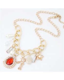 Red Gem Inlaid Multiple Fashion Pendants Design Golden Chunky Chain Necklace