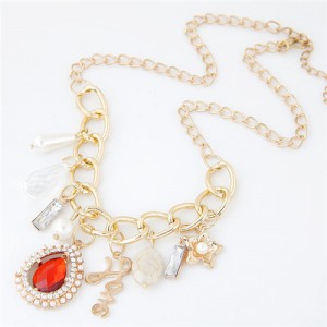 Red Gem Inlaid Multiple Fashion Pendants Design Golden Chunky Chain Necklace