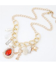 Red Gem Inlaid Multiple Fashion Pendants Design Golden Chunky Chain Necklace