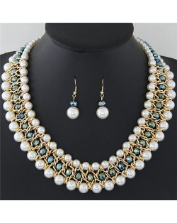 Graceful Pearl Fashion Shining Crystal Costume Necklace and Earrings Set - Green Glistening