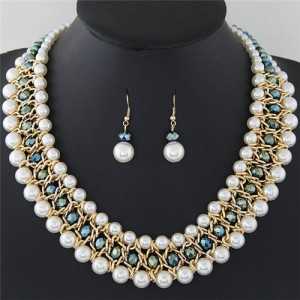Graceful Pearl Fashion Shining Crystal Costume Necklace and Earrings Set - Green Glistening