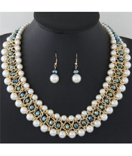 Graceful Pearl Fashion Shining Crystal Costume Necklace and Earrings Set - Green Glistening
