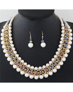 Graceful Pearl Fashion Shining Crystal Costume Necklace and Earrings Set - Colorful Glistening