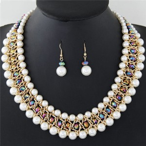 Graceful Pearl Fashion Shining Crystal Costume Necklace and Earrings Set - Colorful Glistening