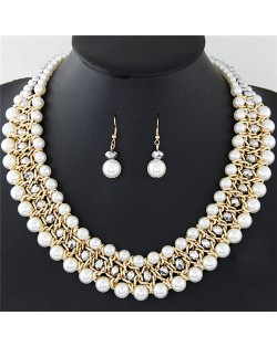 Graceful Pearl Fashion Shining Crystal Costume Necklace and Earrings Set - Silver