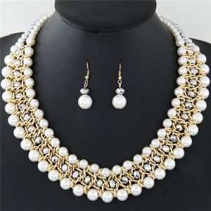 Graceful Pearl Fashion Shining Crystal Costume Necklace and Earrings Set - Silver