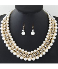 Graceful Pearl Fashion Shining Crystal Costume Necklace and Earrings Set - Silver