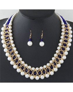 Graceful Pearl Fashion Shining Crystal Costume Necklace and Earrings Set - Royal Blue