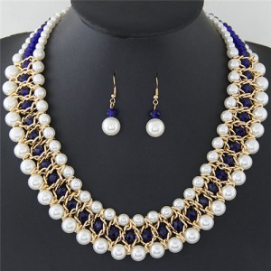Graceful Pearl Fashion Shining Crystal Costume Necklace and Earrings Set - Royal Blue