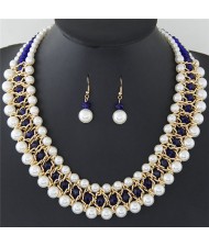 Graceful Pearl Fashion Shining Crystal Costume Necklace and Earrings Set - Royal Blue