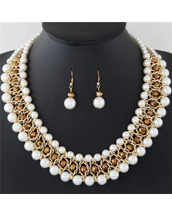 Graceful Pearl Fashion Shining Crystal Costume Necklace and Earrings Set - Golden