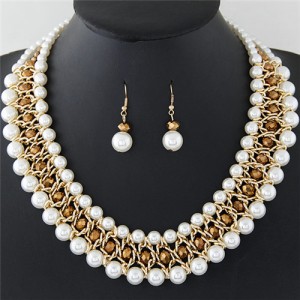 Graceful Pearl Fashion Shining Crystal Costume Necklace and Earrings Set - Golden