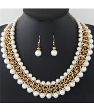 Graceful Pearl Fashion Shining Crystal Costume Necklace and Earrings Set - Golden