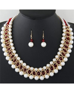 Graceful Pearl Fashion Shining Crystal Costume Necklace and Earrings Set - Red