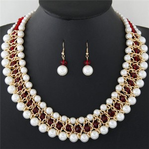 Graceful Pearl Fashion Shining Crystal Costume Necklace and Earrings Set - Red