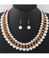Graceful Pearl Fashion Shining Crystal Costume Necklace and Earrings Set - Red