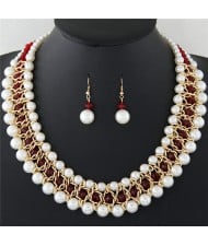 Graceful Pearl Fashion Shining Crystal Costume Necklace and Earrings Set - Red