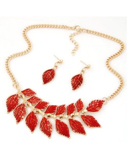 Red Oil-spot Glazed Artistic Leaves Fashion Statement Necklace and Earrings Set