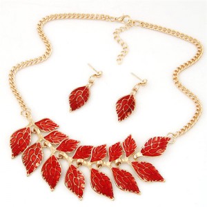 Red Oil-spot Glazed Artistic Leaves Fashion Statement Necklace and Earrings Set