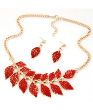 Red Oil-spot Glazed Artistic Leaves Fashion Statement Necklace and Earrings Set