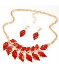 Red Oil-spot Glazed Artistic Leaves Fashion Statement Necklace and Earrings Set
