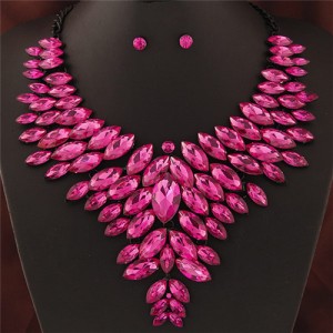 Brightful Resin Gems Chunky Collar Design Women Costume Necklace and Earrings Set - Rose