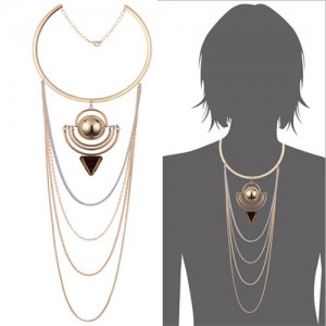 Alloy Ball and Triangle Gem Dangling Combo with Long Tassel Design Costume Necklet