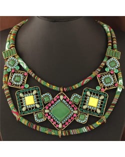 Colorful Resin Square Gems Inlaid Bohemian Royal Fashion Short Rope Costume Necklace - Green