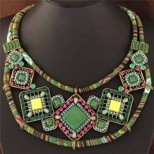 Colorful Resin Square Gems Inlaid Bohemian Royal Fashion Short Rope Costume Necklace - Green