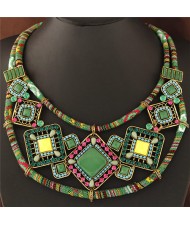 Colorful Resin Square Gems Inlaid Bohemian Royal Fashion Short Rope Costume Necklace - Green