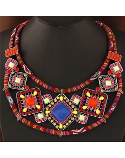 Colorful Resin Square Gems Inlaid Bohemian Royal Fashion Short Rope Costume Necklace - Red