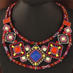 Colorful Resin Square Gems Inlaid Bohemian Royal Fashion Short Rope Costume Necklace - Red