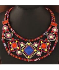 Colorful Resin Square Gems Inlaid Bohemian Royal Fashion Short Rope Costume Necklace - Red