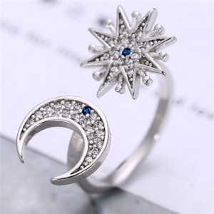 Cubic Zirconia Inlaid Moon and Star Asymmetric Design Fashion Ring