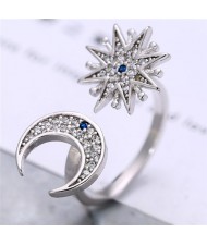 Cubic Zirconia Inlaid Moon and Star Asymmetric Design Fashion Ring