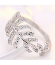 Korean Fashion Cubic Zirconia Decorated Curly Feather Design Ring - Silver