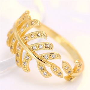Korean Fashion Cubic Zirconia Decorated Curly Feather Design Ring - Golden