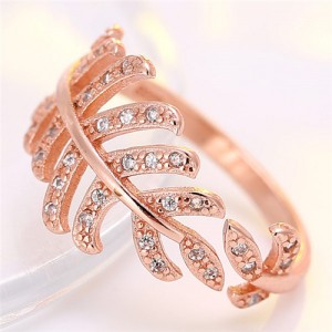 Korean Fashion Cubic Zirconia Decorated Curly Feather Design Ring - Rose Gold