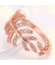 Korean Fashion Cubic Zirconia Decorated Curly Feather Design Ring - Rose Gold