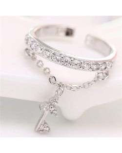 Cubic Zirconia Inlaid Sweet Key Pendant Design Fashion Ring - Silver