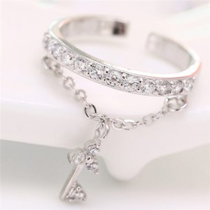 Cubic Zirconia Inlaid Sweet Key Pendant Design Fashion Ring - Silver