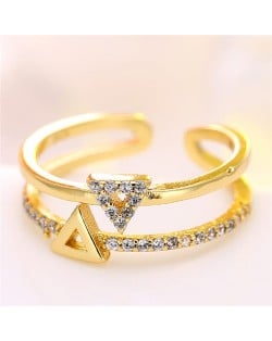 Cubic Zirconia Embellished Dual Triangles Shining Design Fashion Ring - Golden