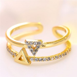 Cubic Zirconia Embellished Dual Triangles Shining Design Fashion Ring - Golden