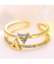Cubic Zirconia Embellished Dual Triangles Shining Design Fashion Ring - Golden